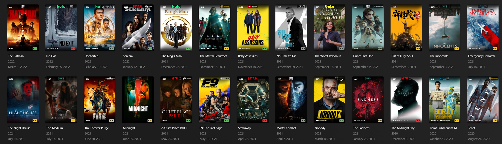 Plex library grid showing movie posters with Kometa overlays for resolution, audio format, streaming service, and rating